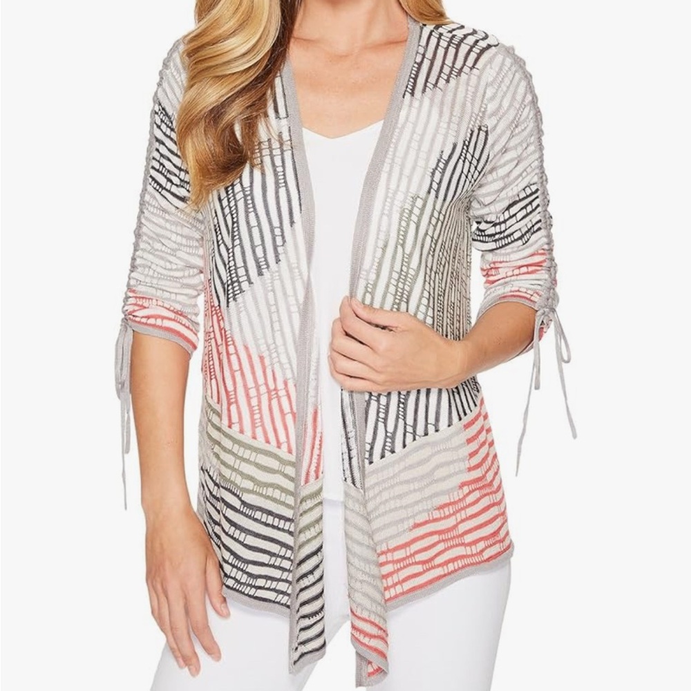 Nic+Zoe linen blend Striped multi-color Open-Front Cardigan size XL
